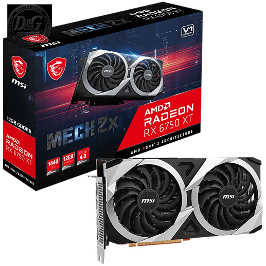 MSI Video Card AMD Radeon RX 6750 XT MECH 2X 12G V1, 12GB GDDR6, 192-bit, 18000 MHz Effective Memory Clock, Boost: 2600 MHz, 2560 Cores, 3x DP 1.4, HDMI 2.1, 650W Recommended PSU, 3Y