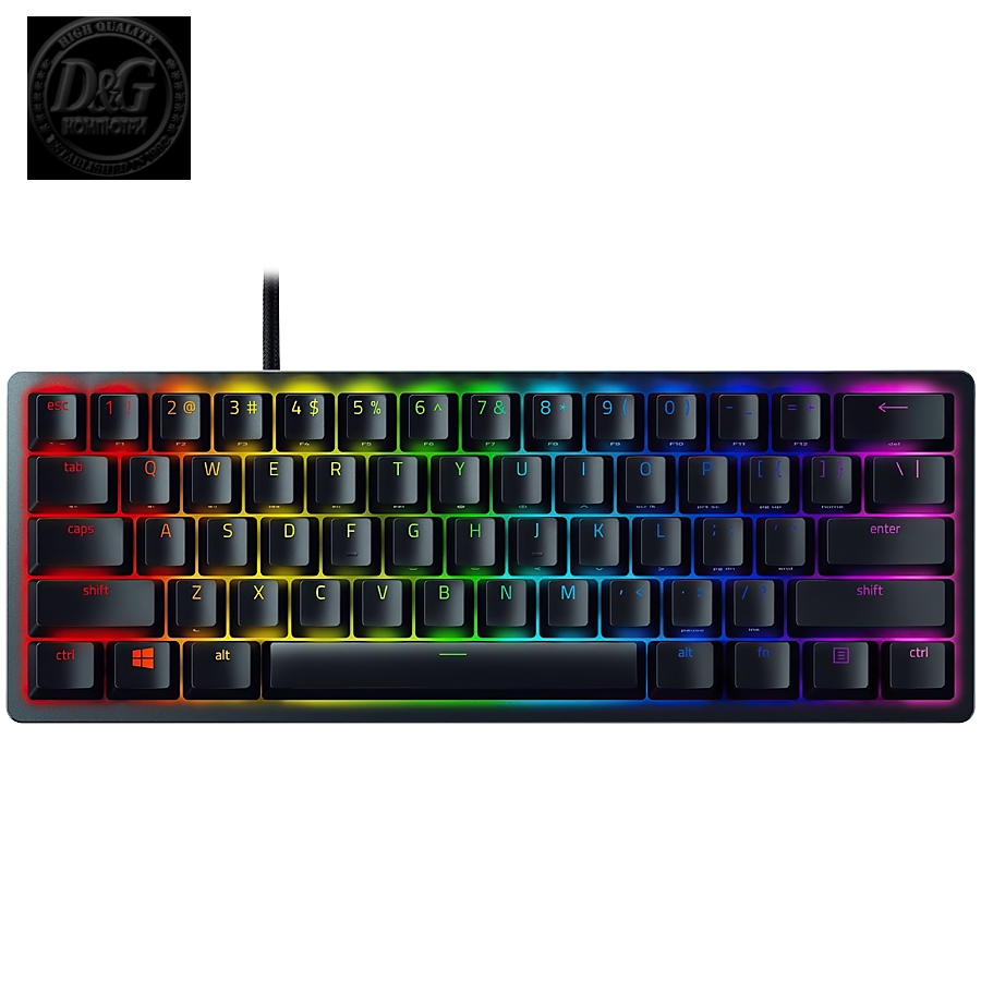 Razer Huntsman Mini - Clicky Optical (Purple Switch) - US - Black, Gaming Keyboard, Razer™ Optical Switches, size 60%, RGB Chroma, Doubleshot PBT Keycaps With Side-Printed Secondary Functions, Standard Bottom Row Layout, Fully programmable keys with on-th