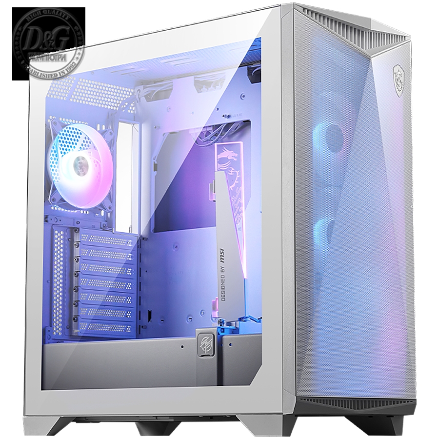 MSI MPG GUNGNIR 300R AIRFLOW WHITE, Mid-Tower, E-ATX/ATX/M-ATX/ITX, 2x USB 3.2 Gen 1 Type-A, 1x USB 3.2 Gen 2x2 Type-C, 1x Audio/1x Mic, LED Switch Button, ARGB Hub, 4x 120mm ARGB Fans, 1mm Perforated Front Panel, 3mm Tempered Glass