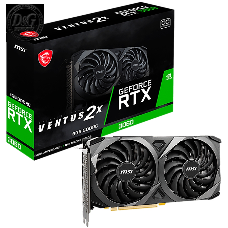 MSI Video Card Nvidia GeForce RTX 3060 VENTUS 2X 8G OC, 8GB GDDR6, 128-bit, 15 Gbps Effective Memory Clock, 1807 MHz Boost, 3584 CUDA Cores, PCIe 4.0, 3x DisplayPort 1.4a, HDMI 2.1, RAY TRACING, Dual Fan, 550W Recommended PSU, Metal Backplate, 3Y