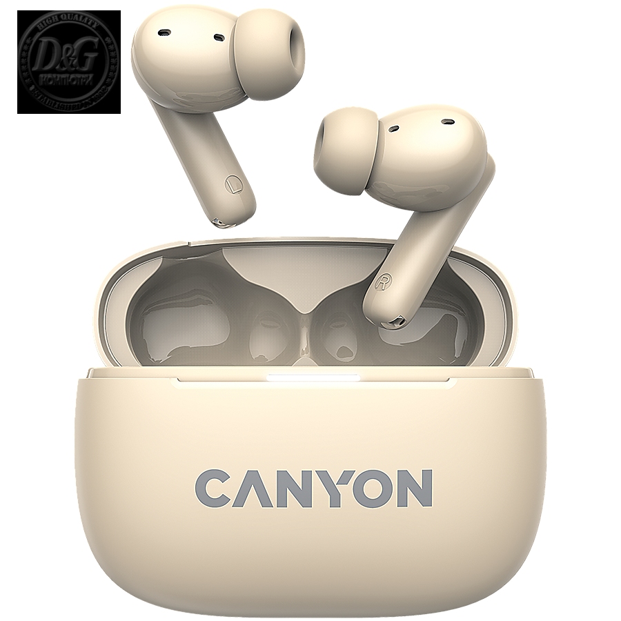 CANYON OnGo TWS-10 ANC+ENC, Bluetooth Headset, microphone, BT v5.3 BT8922F, Frequence Response:20Hz-20kHz, battery Earbud 40mAh*2+Charging case 500mAH, type-C cable length 24cm,size 63.97*47.47*26.5mm 42.5g, Beige