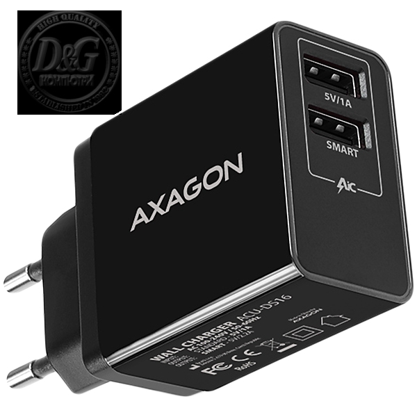 Axagon Dual wall charger <240V / 2x port 5V-2.2A + 5V-1A. 16W total power.