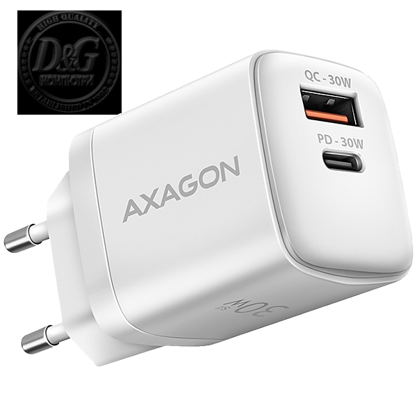 Axagon Sil wallcharger 2x port (USB-A + USB-C), PD3.0/QC4+/PPS/AFC/Apple. 30W total power.