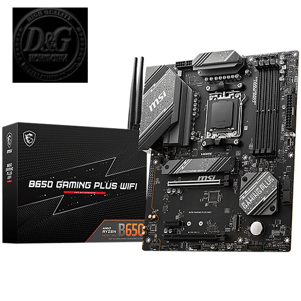 MSI Main Board Desktop B650 Gaming Plus WIFI, AM5, 4x DDR5, HDMI, DP, 2x PCI-E x16, 1x PCI-E x1,3xM.2, 4xSATA 6G, 4x USB 2.0, 4x USB 3.2 Gen1 Type A, 3x USB 3.2 Gen2 Type A,1x USB 3.2 Gen2 Type C,1x USB 3.2 Gen2x2 Type C, 2.5GLAN,Wi-Fi 6E, BT5.3 ATX