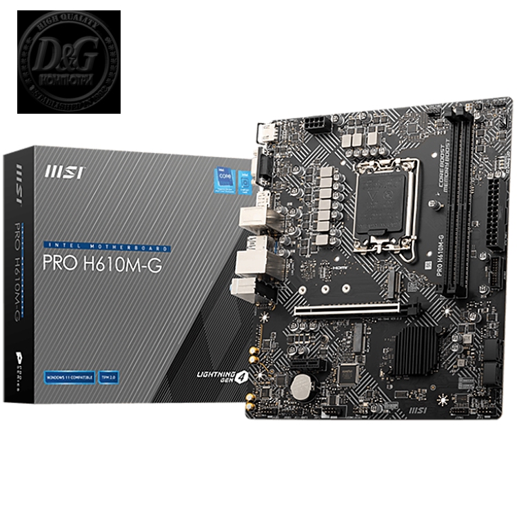 MSI PRO H610M-G, mATX, LGA1700, Dual Channel DDR5 5600+MHz, 1x PCIe x16 slot, 1x M.2 slot, 1x HDMI, 1x VGA, 2x USB 3.2 Gen 1, 4x USB 2.0, 7.1 HD Audio, Realtek ALC897 Codec, 1G LAN, 3Y