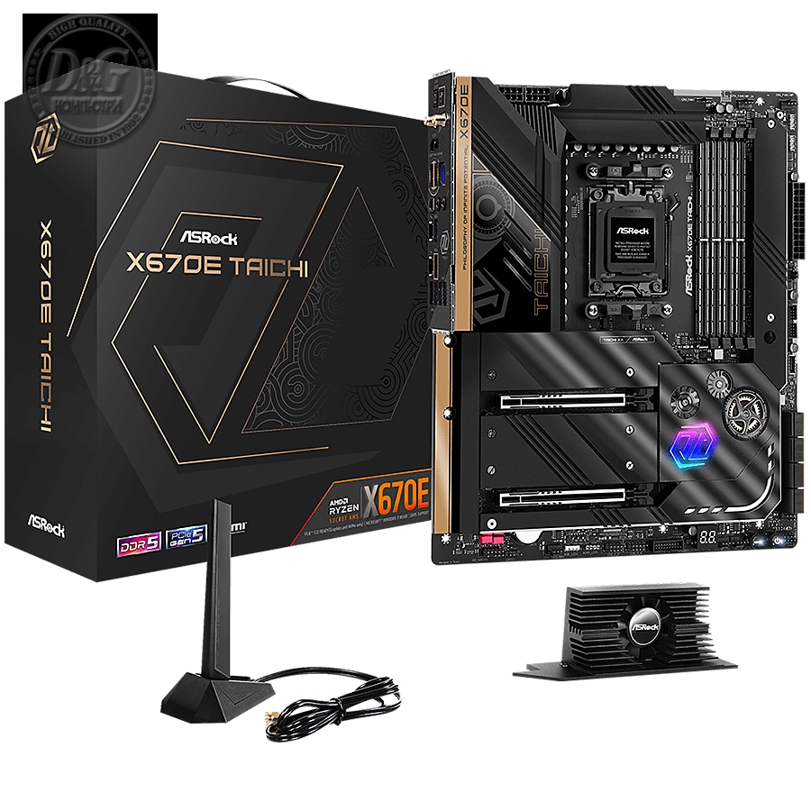 ASROCK MB Desktop X670E Taichi, AM5, 4x DDR5, 2x PCIe 5.0 x16, 8x SATA3, 3x Hyper M.2 (PCIe Gen4x4), 1x Blazing M.2(PCIe Gen5x4), 2x USB-C, 13x USB 3.2, 5.1 CH HD Audio, 1x HDMI, 2.5G LAN, Wi-Fi, BT, 1x SPDIF