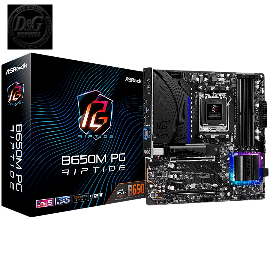 ASROCK MB Desktop B650M PG RIPTIDE, AM5, 4x DDR5, 2x PCIe 4.0 x16, 2x PCIe 3.0 x16, 1x Blazing M.2(PCIe Gen5x4), 1x Hyper M.2, 4x SATA3, RAID 0, 1, 10, 7.1 CH HD Audio, 1x HDMI, 1x DP, 2.5G LAN, 7x USB 3.2, 8x USB 2.0, USB-C, mATX