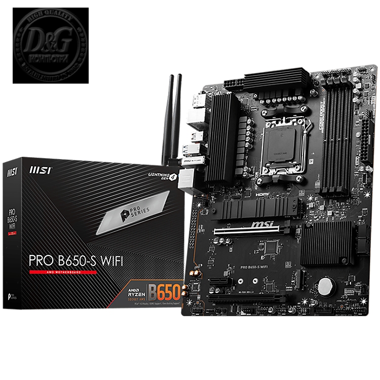 MSI PRO B650-S WIFI,ATX, Socket AM5,AMD B650 Chipset,4 DIMMs,Dual Channel DDR5 up to 7200+(OC)MHz,2x PCI-Ex16 slot, 2x M.2, 2x USB 3.2 Gen 2, 4x USB 3.2 Gen 1,4x USB 2.0,1x HDMI,1x DP,2.5G LAN,7.1 Audio,3y warranty