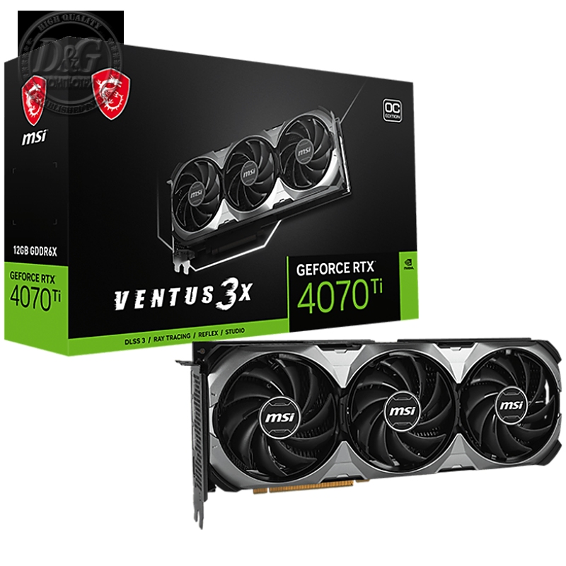 MSI Video Card Nvidia GeForce RTX 4070 Ti VENTUS 3X E1 12G OC, 12GB GDDR6X, 192-bit, 2640 MHz Boost, 7680 CUDA Cores, 21 Gbps, PCIe 4.0, 3x DP 1.4a, HDMI 2.1a, RAY TRACING, Triple Fan, 700W Recommended PSU, 3Y