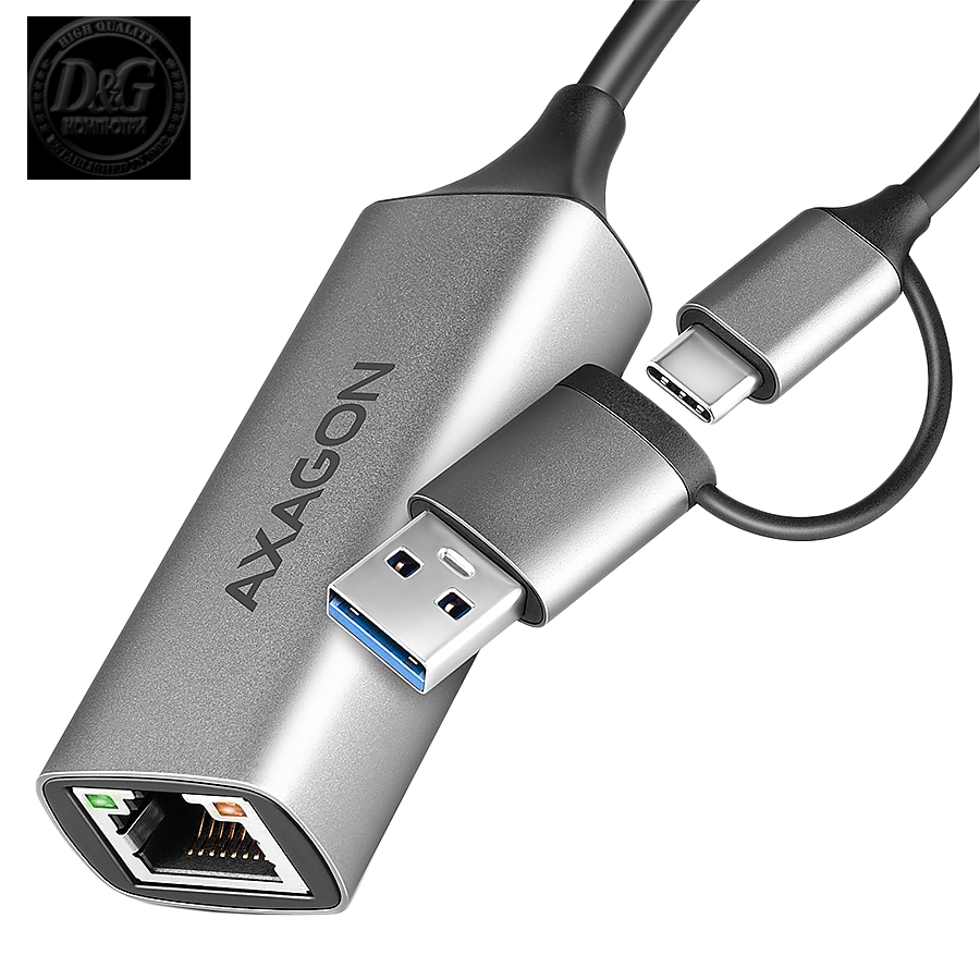 AXAGON ADE-TXCA USB-C USB3.2 Gen 1 + USB-A reduction- Gigabit Ethernet 10/100/1000 Adapter, metal, titan grey