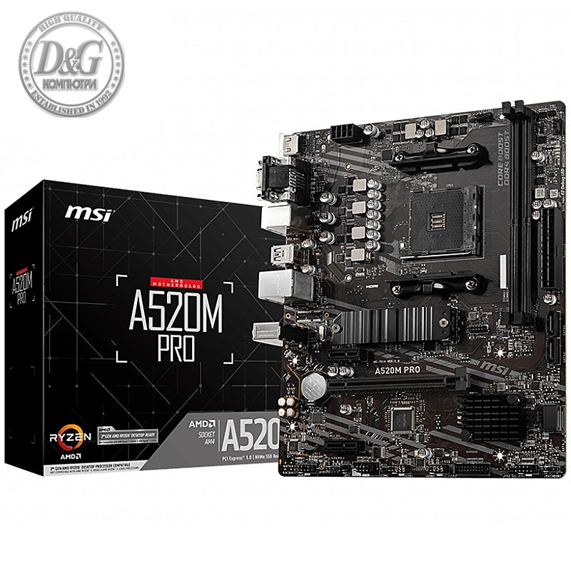 MSI Main Board Desktop A520M PRO (AM4, 2xDDR4, 1xPCI-E X16, 2xPCI-E X1, 4xSATA3, 1xM.2, RAID, 6xUSB3.2 Gen1, 6xUSB2.0, DP, VGA, HDMI, Audio, GLAN) mATX Retail