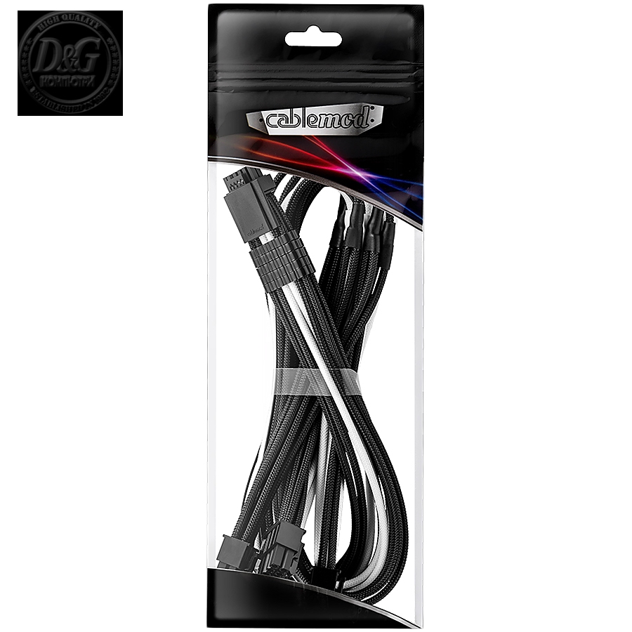 CableMod E-Series Pro ModMesh Sleeved 12VHPWR PCI-e Cable for Super Flower Leadex Platinum / Platinum SE / Titanium / V Gold Pro / V Platinum Pro, EVGA G7 / G6 / G5 / G3 / G2 / P2 / T2 (Black + White, Nvidia 4000 series, 16-pin to Quad 8-pin, 60cm)