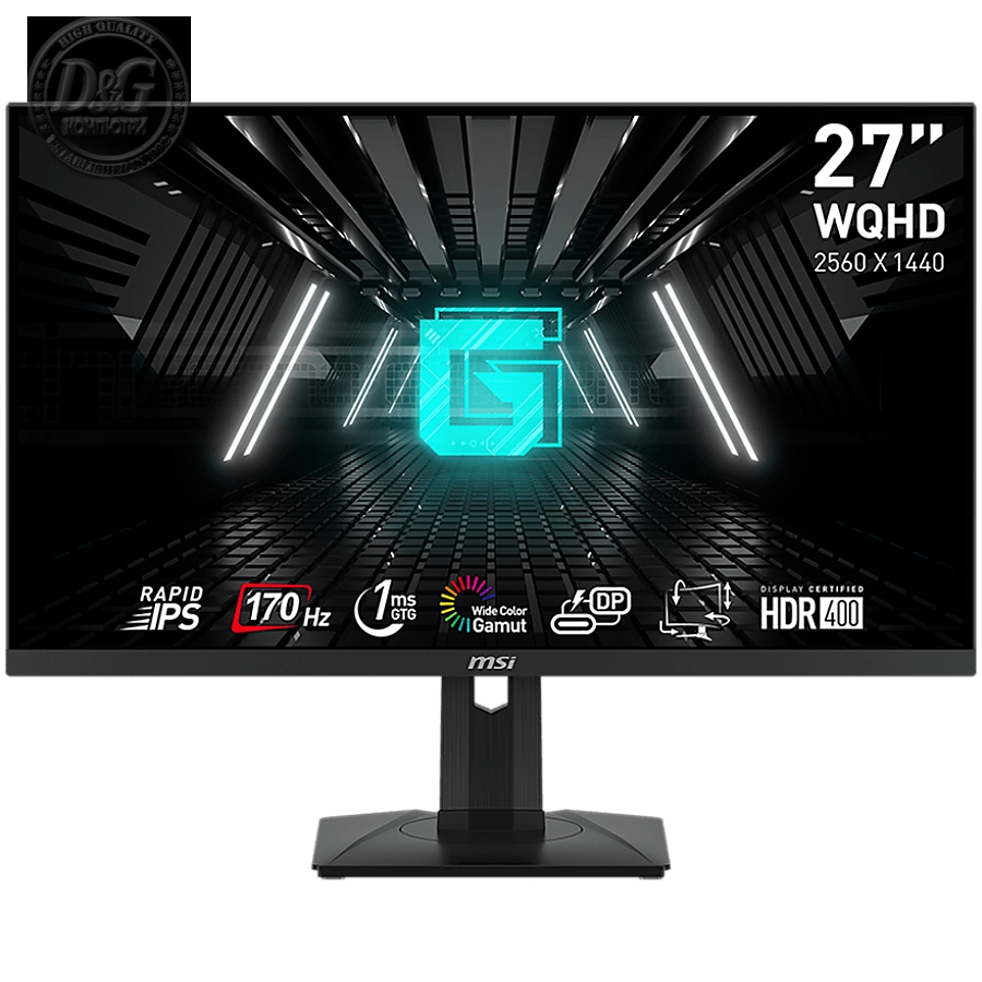 MSI G274QPF Gaming Monitor, 27" 170Hz, WQHD (2560x1440) 16:9, Rapid IPS Anti-glare, 1ms, 400nits, 1000:1, 178°/178°, Adaptive Sync, Adjustable Stand, 1x DP, 2x HDMI, 1xType-C, 3Y Warranty