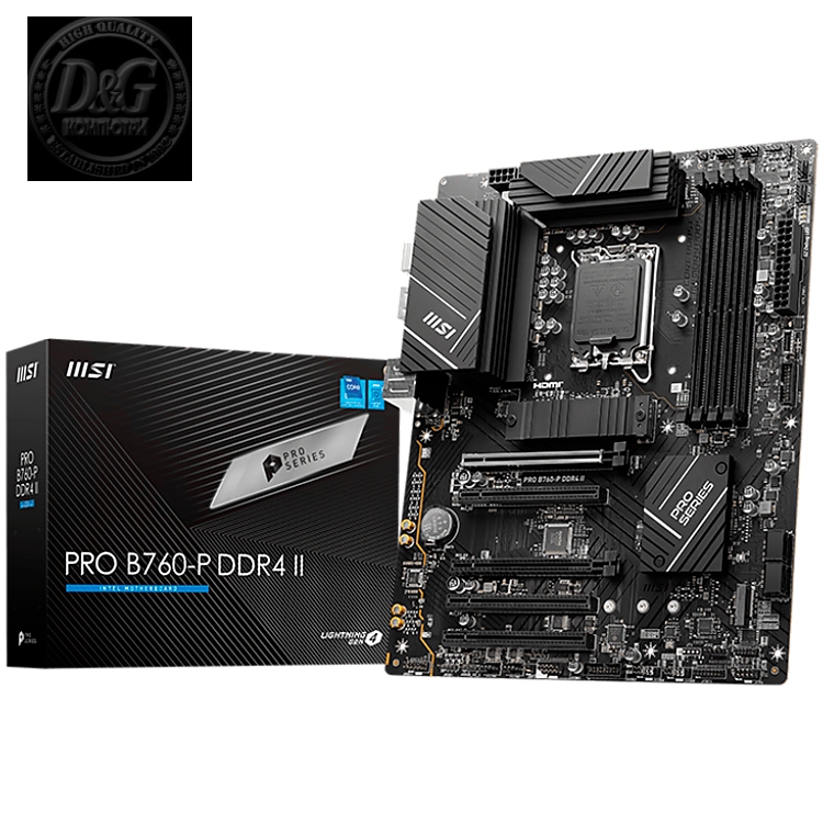 MSI Main Board Desktop PRO B760-P DDR4 II (LGA 1700, 4xDDR4,max 5333 OC, 5xPCI-E X16, 4xSATA6g, 2xM.2, RAID, 6xUSB3.2 Gen1, 4xUSB2.0, DP, HDMI, 7.1 Audio, 2.5LAN) ATX