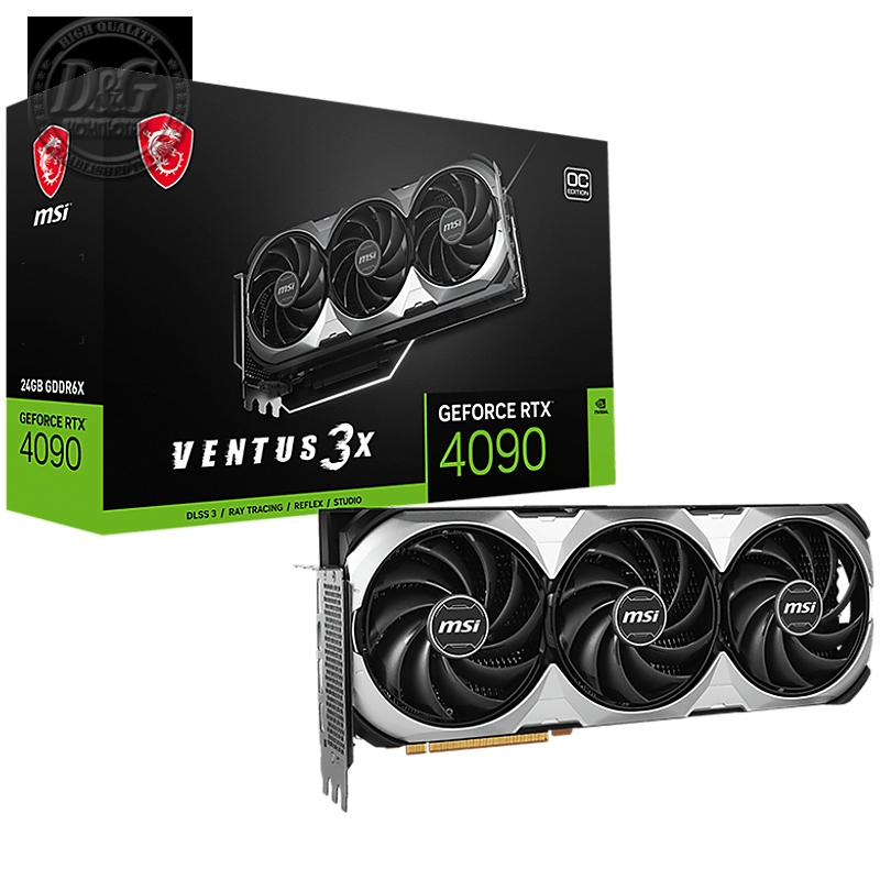 MSI Video Card Nvidia GeForce RTX 4090 VENTUS 3X E 24G OC,  24GB GDDR6X, 384-bit, 21 Gbps Effective Memory Clock, 2550 MHz Boost, 16384 CUDA Cores, 2 x DP v1.4a, 2 x HDMI 2.1a, 1 x 16-pin RAY TRACING, Triple Fan, 850W Recommended PSU, 3Y