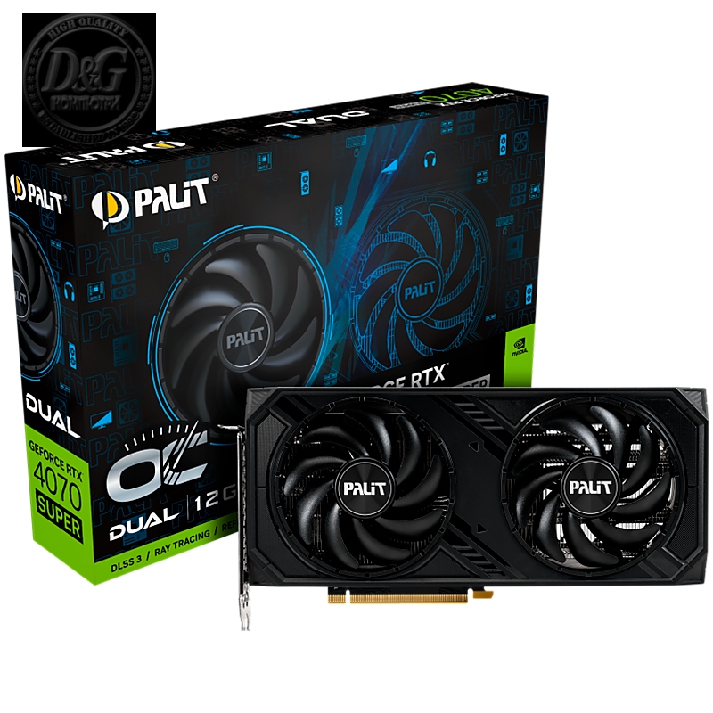 Palit RTX 4070 Super Dual OC 12GB GDDR6X, 192 bit, 1x HDMI 2.1a, 3x DP 1.4a, 2 Fan, 1x 16-pin Power connector, recommended PSU 750W, NED407SS19K9-1043D