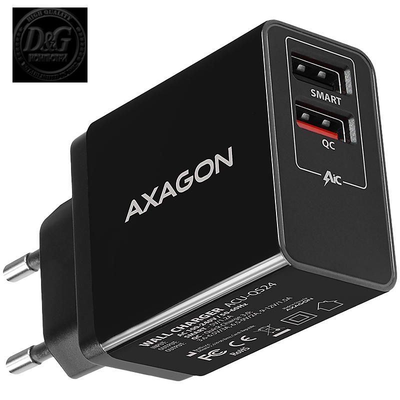 Dual wallcharger <240V / 2x USB port QC3.0/AFC/FCP + 5V-1.2A. 24W total power.