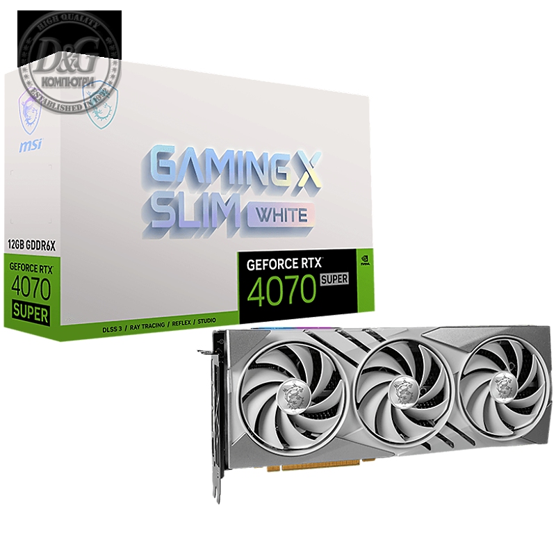 MSI Video Card Nvidia RTX 4070 SUPER 12G GAMING X SLIM	WHITE, 12GB GDDR6X, 192bit, 21Gbps Memory speed, Boost: 2640 MHz, 7168 CUDA Cores, 3x DP 1.4a, HDMI 2.1a, RAY TRACING, Triple Fan, 1x 16pin, 650W Recommended PSU, 3Y