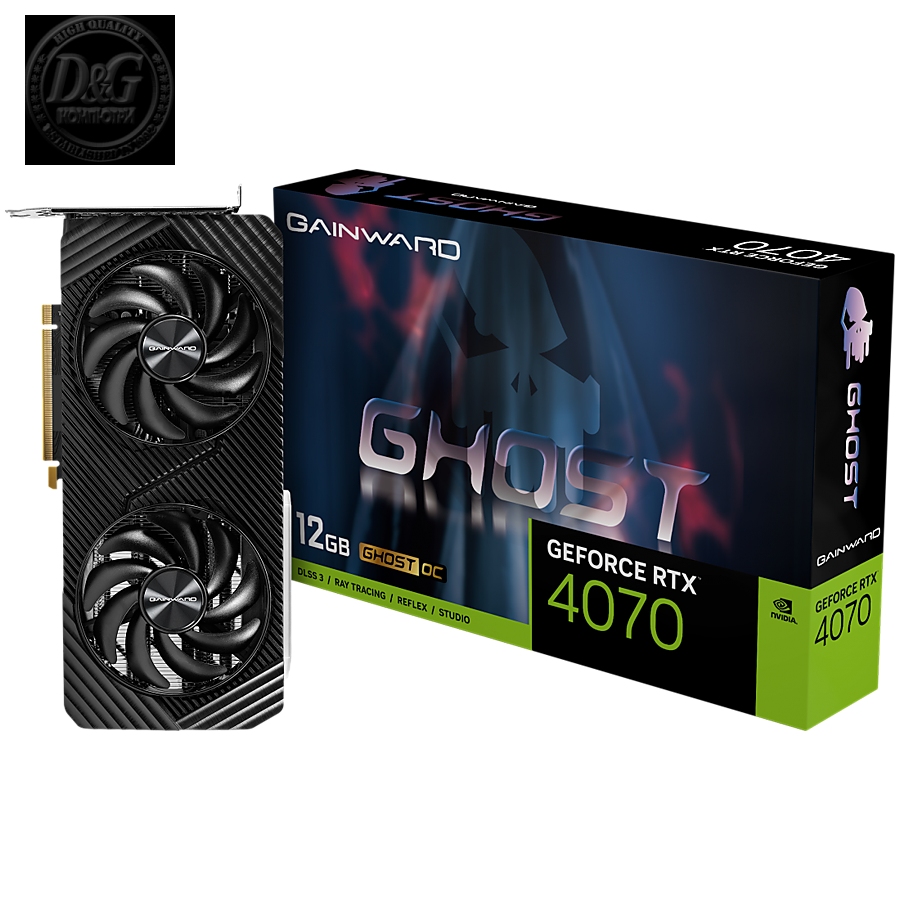 Gainward GeForce RTX4070 Ghost OC, 12GB GDDR6X, 192 Bit, 1x HDMI 2.1, 3x DP 1.4a, 2 Fan, 1x 8-pin power connector, recommended PSU 750W, NED4070S19K9-1047B