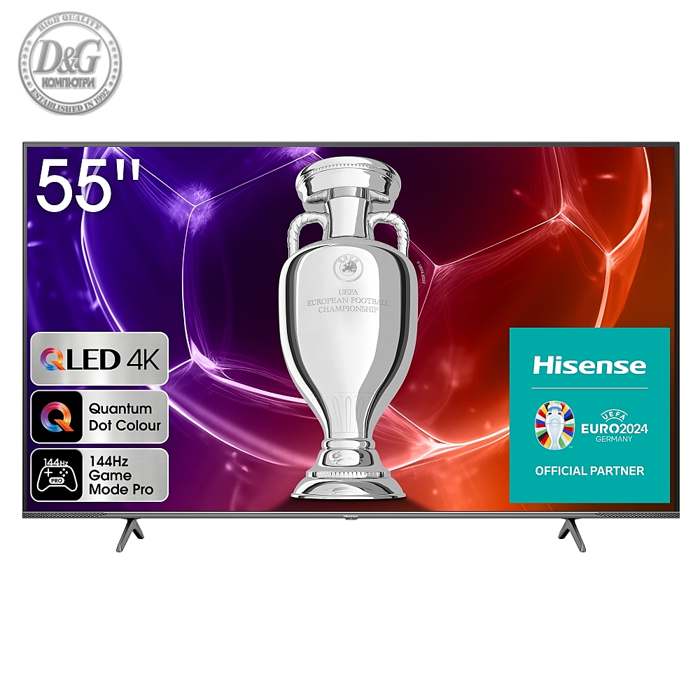 Hisense 55" E7KQ Pro, 4K Ultra HD 3840x2160, QLED, Quantum Dot, 120Hz, HDR 10+ adaptive, HLG, Dolby Vision, DTS Virtual X, Smart TV, WiFi 5GHz, WiFi Direct, BT, Anyview Cast, 3xHDMI, 2xUSB, LAN, CI+, DVB-T2/C/S2, Black