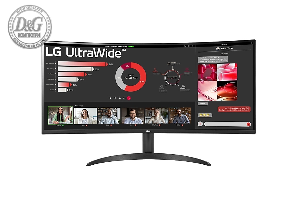 LG 34WR50QC-B, 34" UltraWide AG , Curved 21:9 VA Panel, 5ms, 3000:1, 300 cd/m2, WQHD 3440x1440, HDR10, sRGB 99% , AMD FreeSync, 100Hz, HDMI, DisplayPort, PBP, Tilt, Reader Mode, Headphone Out, Black