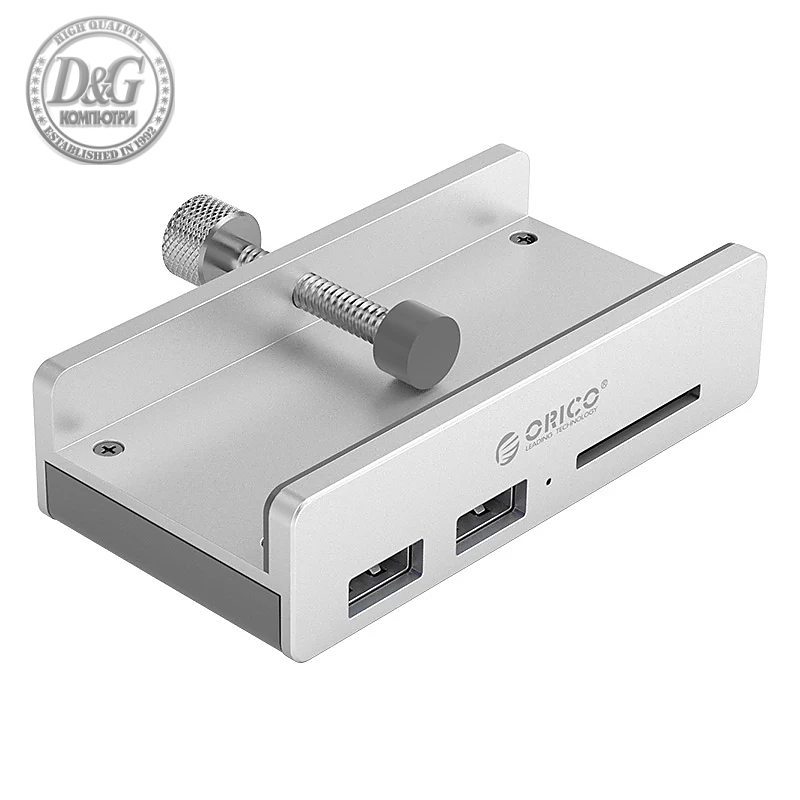 Orico хъб USB 3.0 HUB Clip Type 2 port, SD card reader - aux Micro-USB power input, Aluminum - MH2AC-U3-SV