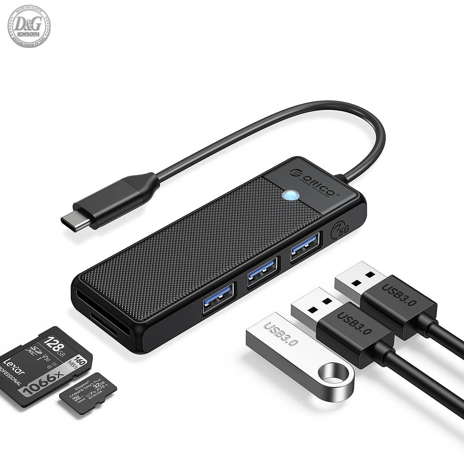 Orico хъб USB3.1 HUB Type-C - 3 x USB3.0, SD, TF - PAPW3AT-C3-015-BK