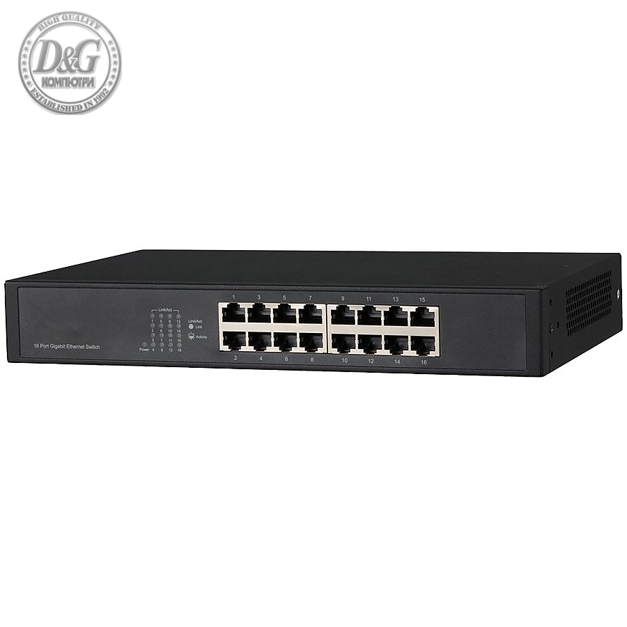 Dahua 16-Port 10/100/1000 Layer 2 unmanaged Switch, switch capacity 32G, packet forwarding rate 23.8Mpps, AC 240V