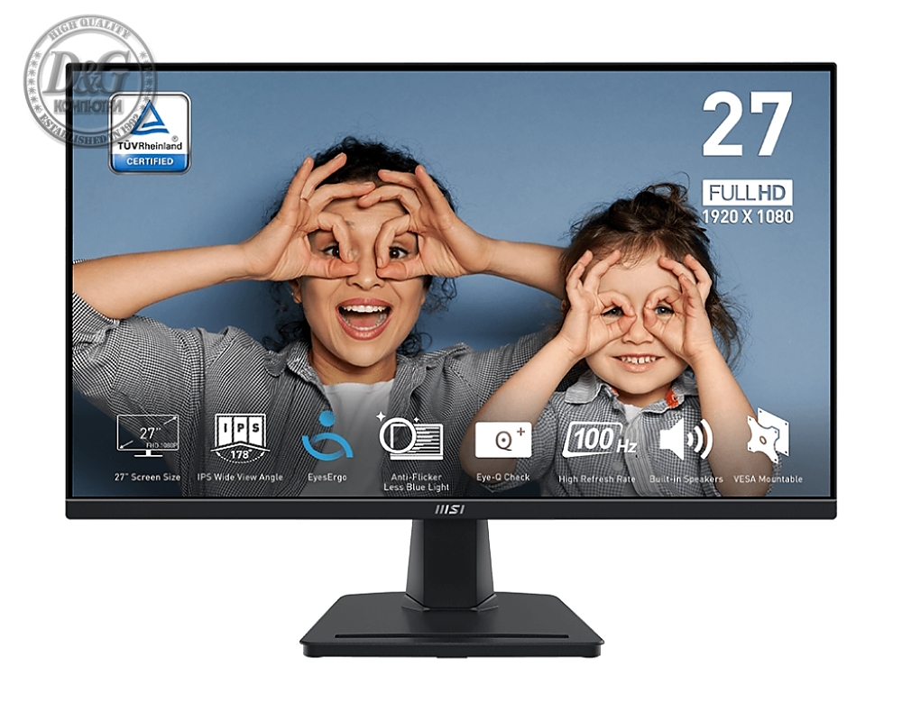 MSI PRO MP275, 27", IPS, 100Hz, 1920x1080 FHD, 1ms MPRT, 4ms GTG, 300 cd/m2, 93% (CIE 1976), Anti-glare, EyesErgo, MSI EYE CARE, DISPLAY KIT APP, 1x HDMI, 1x D-Sub (VGA), Speakers 2x 2W, Tilt, 1x Line-in, 1x Headphone-out, VESA 100, 9S6-3PC3CM-002