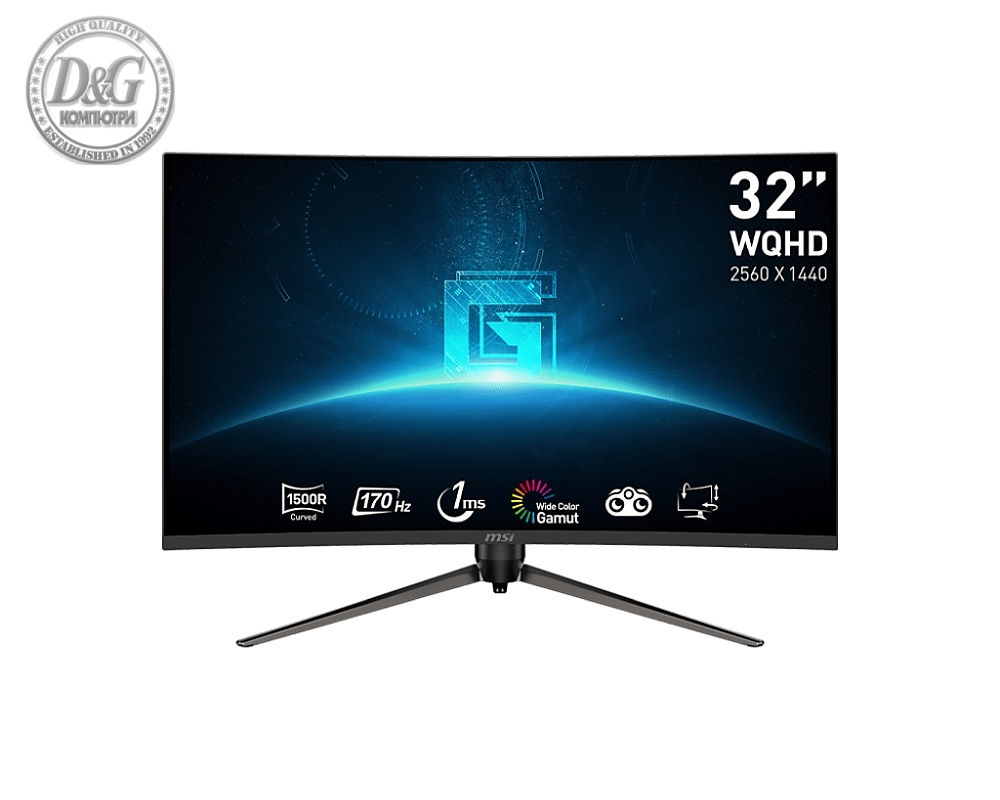 MSI G32CQ5P, 170Hz, 1ms, VA, 2560x1440 (WQHD), Curve 1500R, Adaptive-Sync, HDR Ready,  Anti-Flicker, Less Blue Light, Night Vision, 3000:1, 100M:1, DP, 2x HDMI 2.0b, 1x Earphone out, Tilt, Height. Adj. 90mm, VESA 75, Frameless, 9S6-3DB44H-027