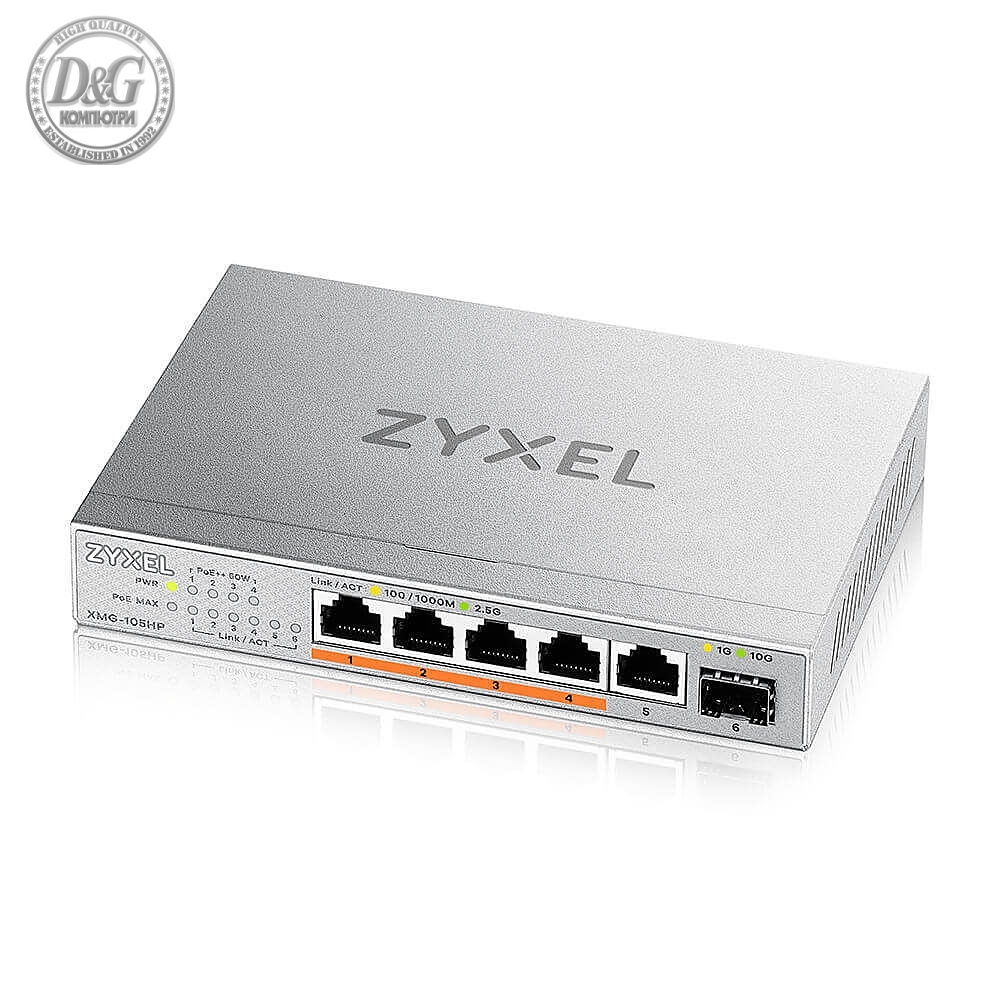 ZyXEL XMG-105 5 Ports 2,5G + 1 SFP+, 4 ports 70W total PoE++ Desktop MultiGig unmanaged Switch