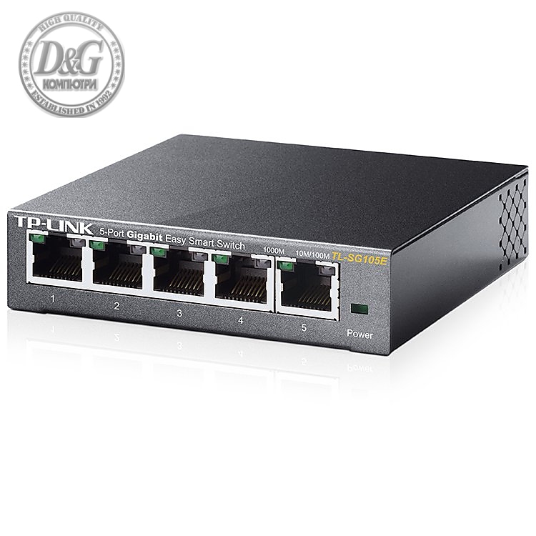 TP-Link TL-SG105E 5-Port Gigabit Desktop Easy Smart Switch, 5 10/100/1000Mbps RJ45 ports, MTU/Port/Tag-based VLAN, QoS, IGMP Snooping, Green technology, Metal Casing, Desktop/Wall mount