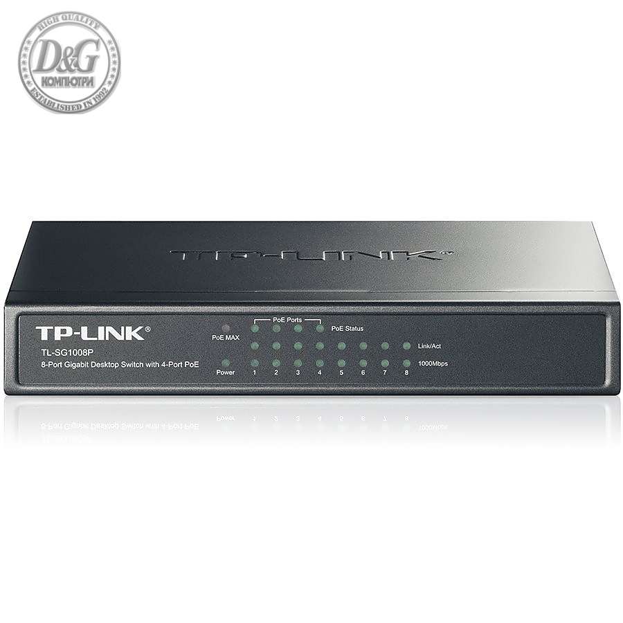 TP-Link TL-SG1008P 8-Port Gigabit Desktop Switch with 4-Port PoE+, 64W PoE Power supply, Supports PoE power up to 30 W for each PoE port, 802.1p/DSCP QoS, IGMP Snooping, Plug and Play, steel case