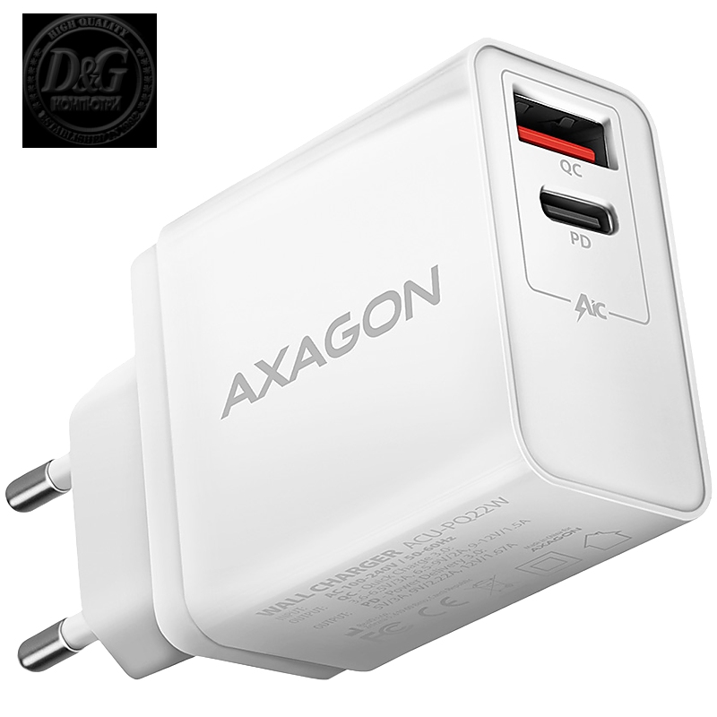 AXAGON ACU-PQ22W QC3.0 + USB-C PD wall charger