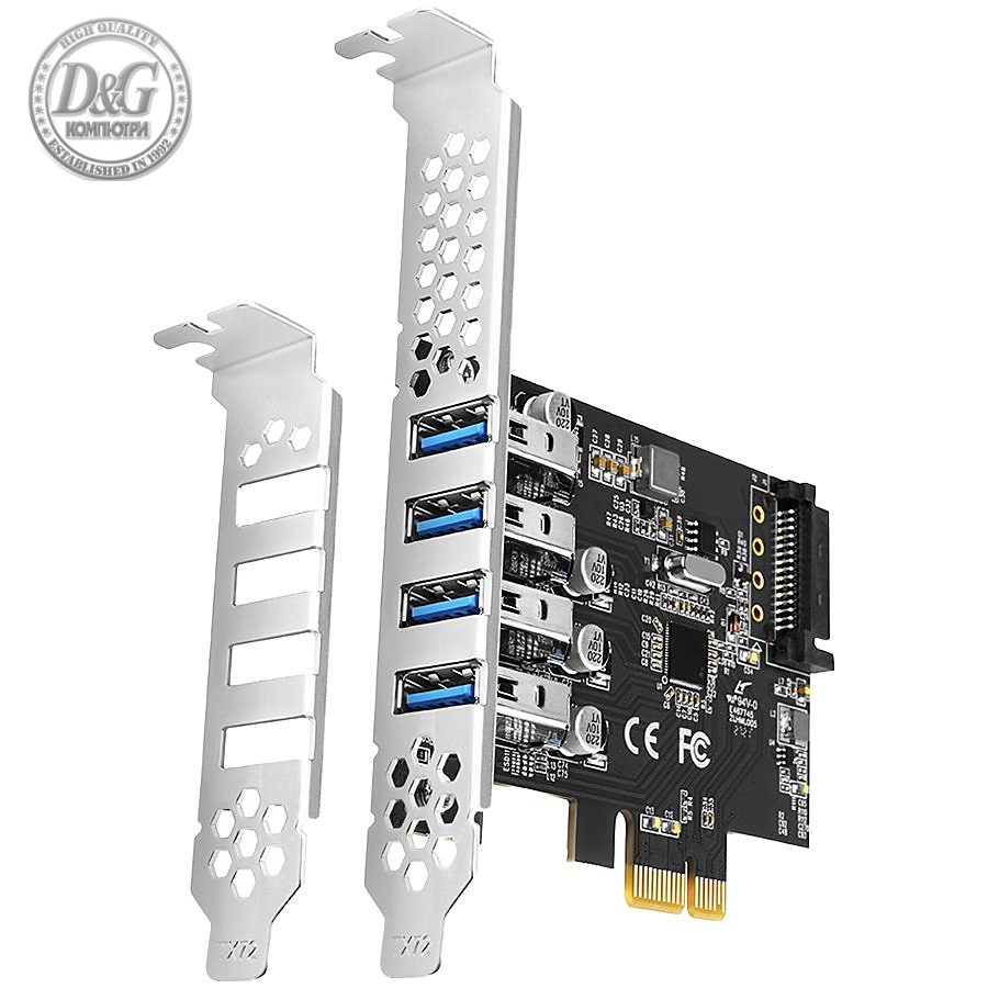 Axagon PCI-Express card with four external USB 3.2 Gen1 ports with dual power. Renesas chipset. Standard & Low profile.