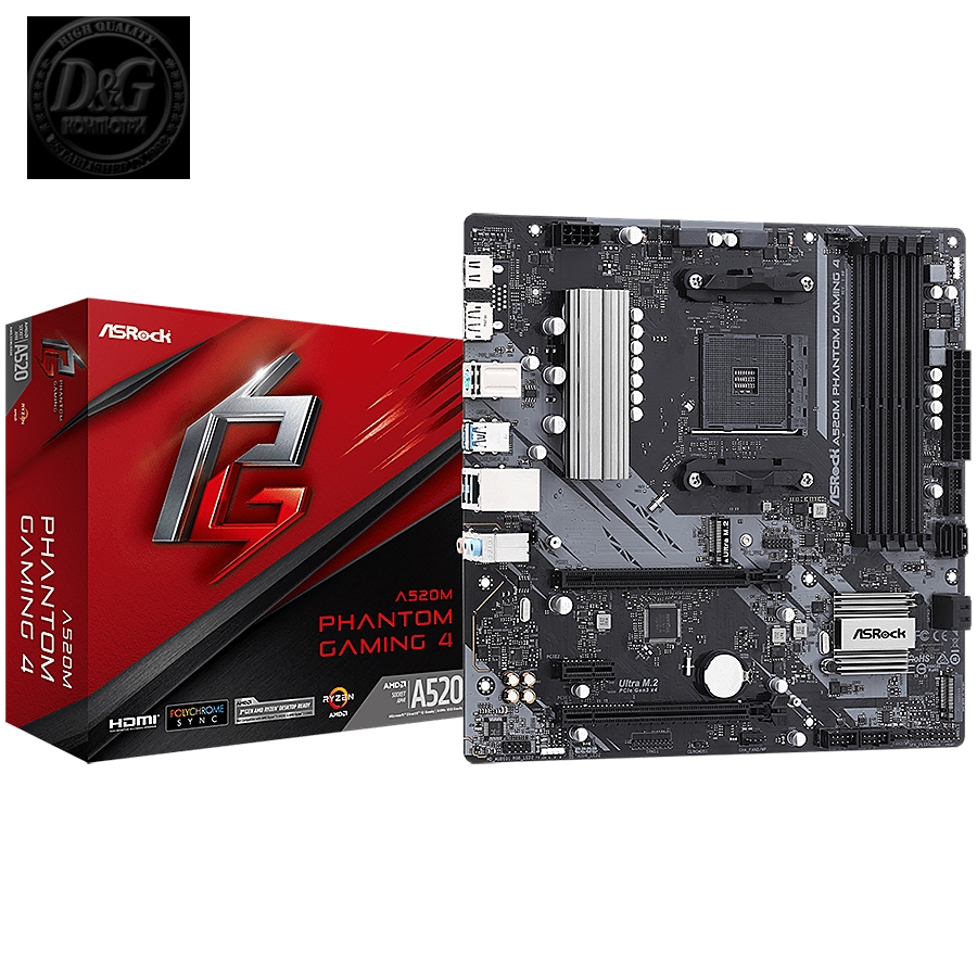 ASROCK MB Desktop A520M Phantom Gaming 4, AM4, 4x DDR4, 2x PCIe 3.0 x16, 1x PCIe 3.0 x1, 1x Ultra M.2, 4x SATA 3, 1x DVI, 1x HDMI, 6x SUB 3.2, 6x USB 2.0, 1x GLAN, 1x PS2, mATX, retail