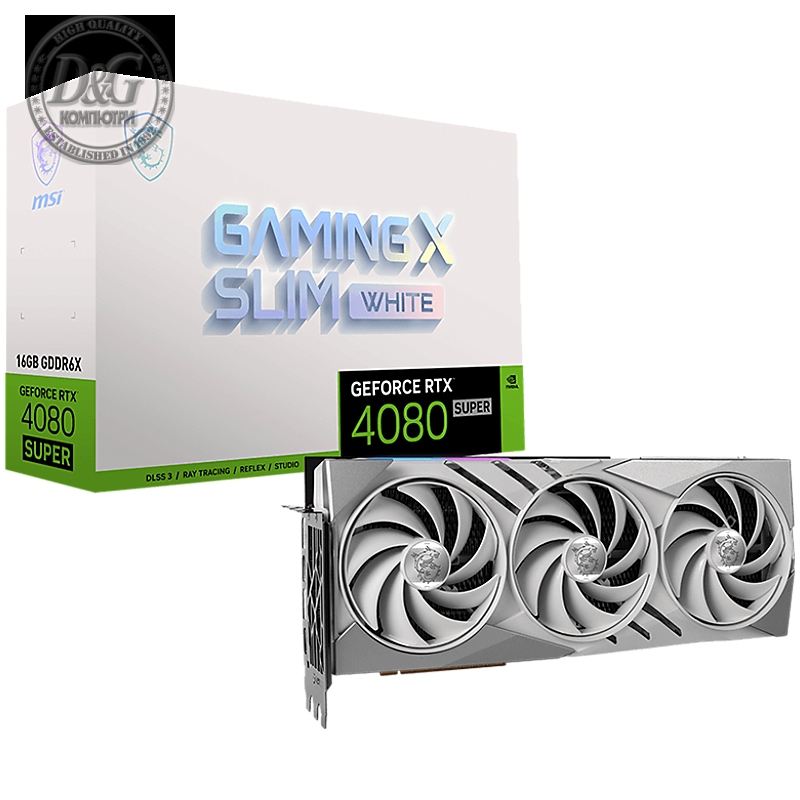 MSI Video Card Nvidia GeForce RTX 4080 SUPER 16G GAMING X SLIM WHITE, 16GB GDDR6X, 256-bit, 23 Gbps Effective Memory Clock, 2610 MHz Boost, 10240 CUDA Cores, 2x DP v1.4a, 2x HDMI 2.1a, RAY TRACING, Triple Fan, 850W Recommended PSU, 3Y