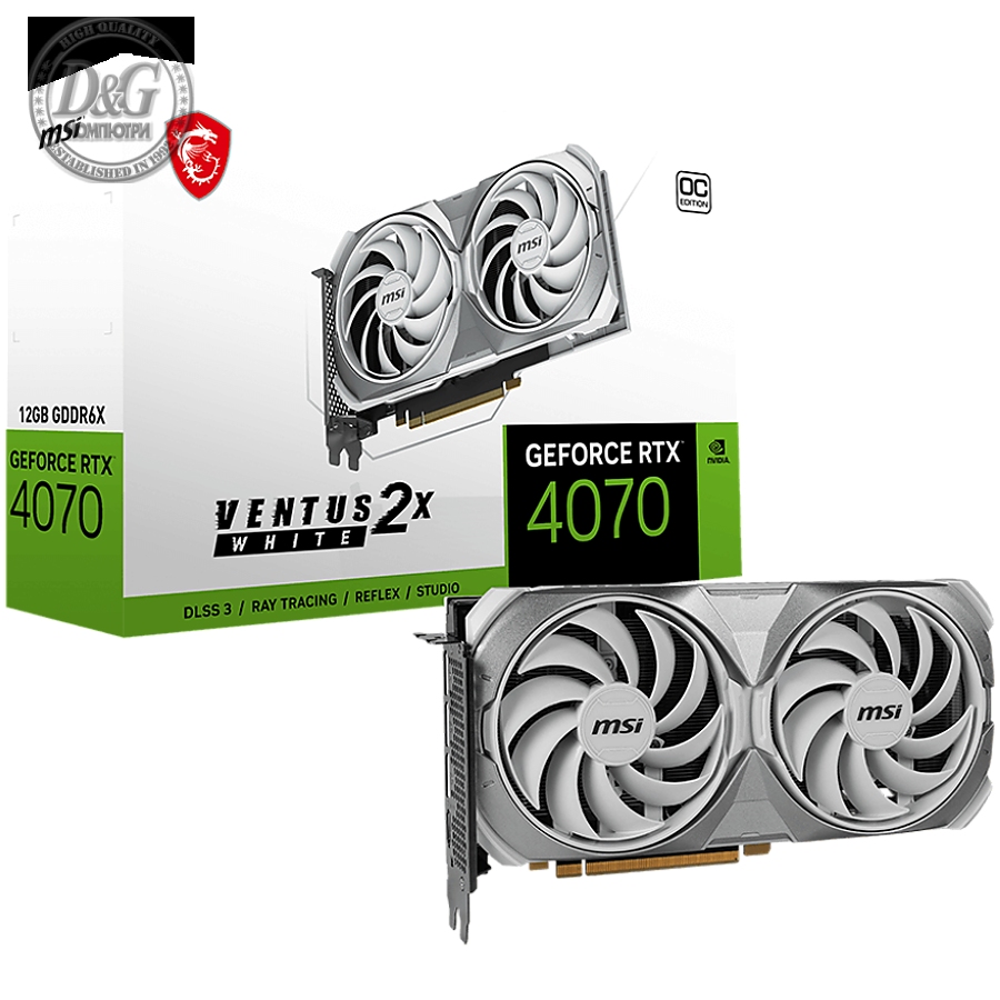 MSI Video Card NVidia GeForce RTX 4070 SUPER 12G VENTUS 2X WHITE OC, 12GB GDDR6X, 192-bit, 2505 MHz Boost, 7168 CUDA Cores, PCIe 4.0, 3x DP 1.4a, HDMI 2.1a, RAY TRACING, Dual Fan, 650W Recommended PSU, 3Y