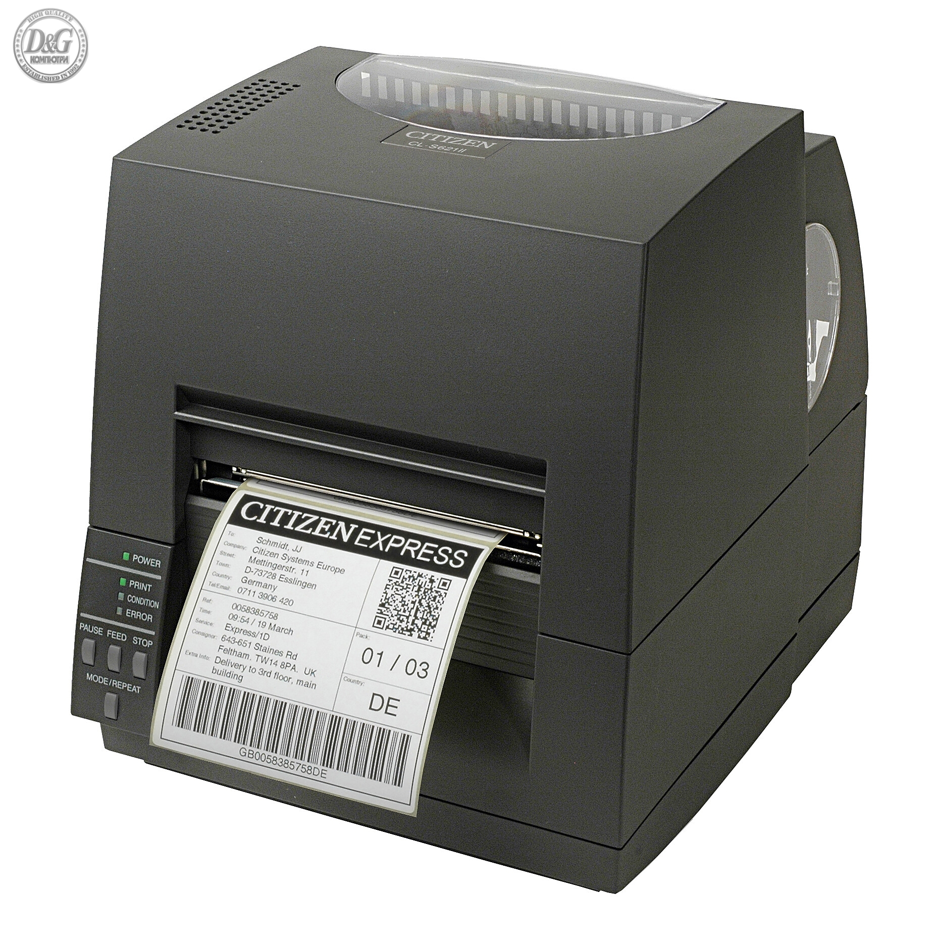 Citizen Label Industrial printer CL-S621II Thermal Transfer+Direct Print Speed 150mm/s, Print Width 4"(104mm)/Media Width min-max (25.4-118.1mm)/Roll Size max 125mm, Ext. diam.200mm, Core Size 25mm, Resol.203dpi/Interf.USB/RS-232+Opt.card/Plug (EU) Black