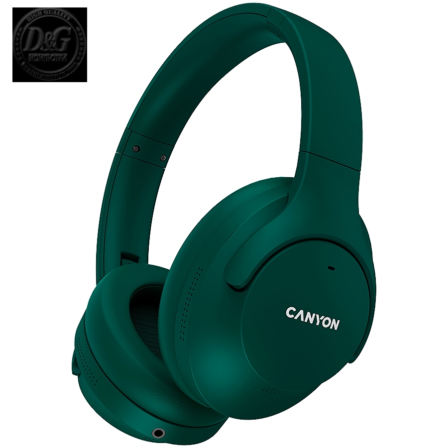 CANYON OnRiff 10, Canyon Bluetooth headset,with microphone,with Active Noise Cancellation function, BT V5.3 AC7006, battery 300mAh, Type-C charging plug, PU material, size:175*200*84mm, charging cable 80cm and audio cable 150cm, Green, weight:253g