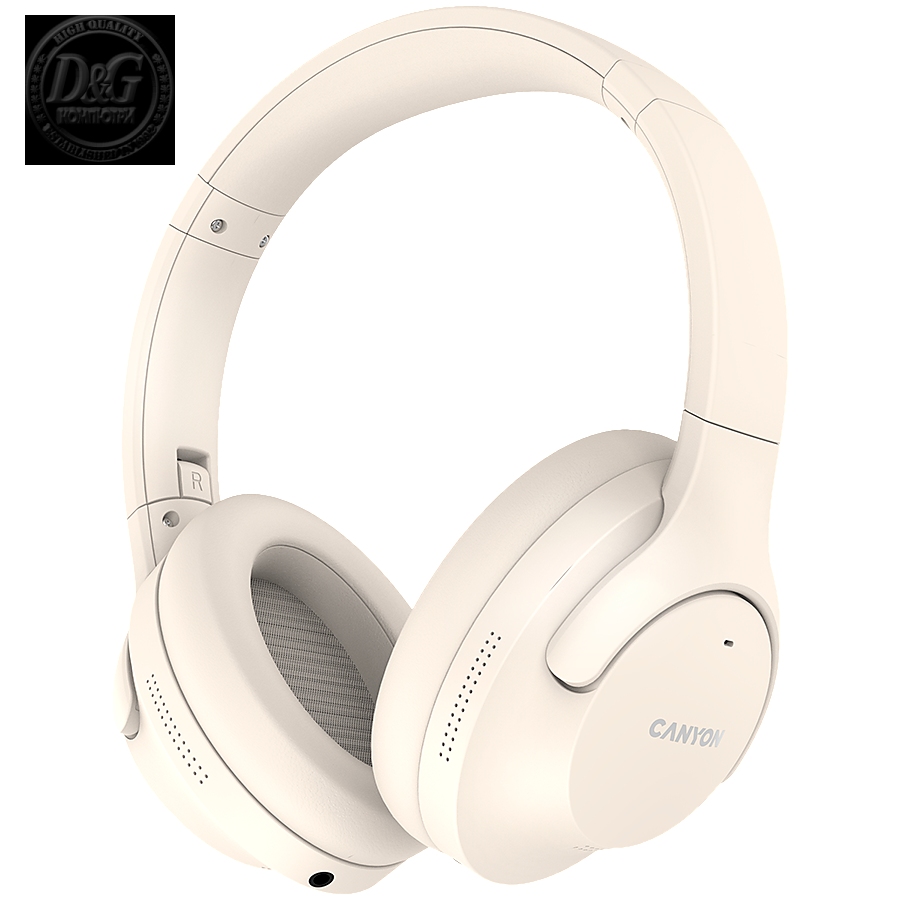 CANYON OnRiff 10, Canyon Bluetooth headset,with microphone,with Active Noise Cancellation function, BT V5.3 AC7006, battery 300mAh, Type-C charging plug, PU material, size:175*200*84mm, charging cable 80cm and audio cable 150cm, Beige, weight:253g