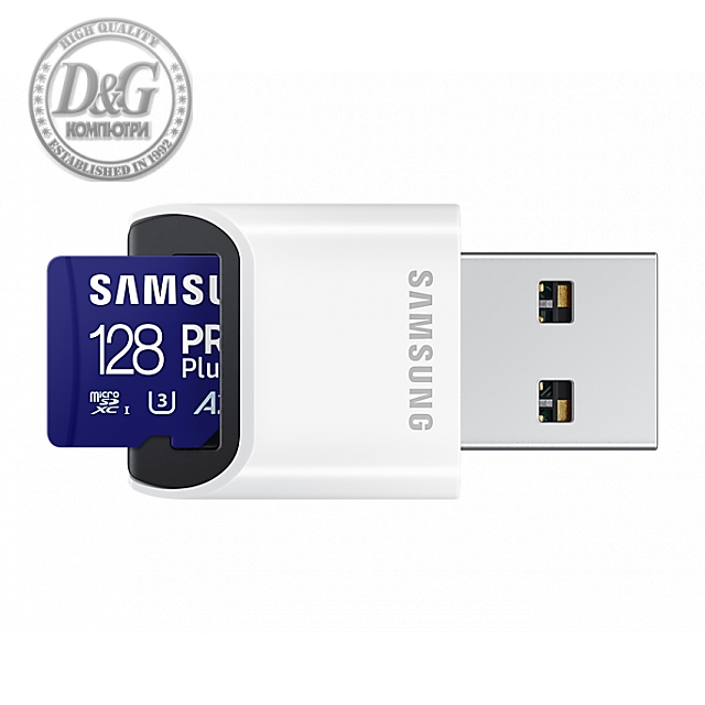 Карта памет Samsung PRO Plus, microSDXC, UHS-I, 128GB, Адаптер, USB четец