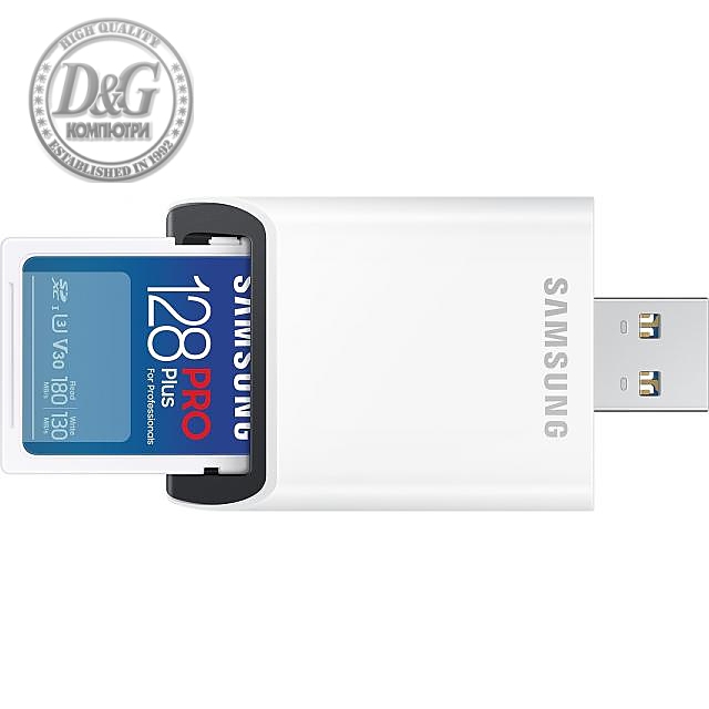 Карта памет Samsung PRO Plus, SD Card, 128GB, USB Четец, Бяла