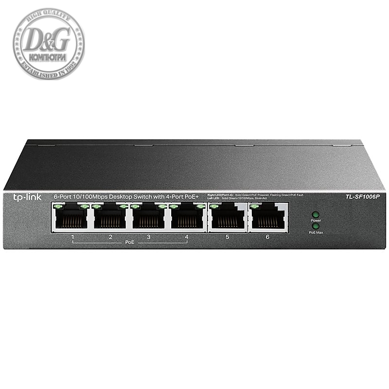 4-port 10/100Mbps Unmanaged PoE+ Switch with 2 10/100Mbps uplink ports, meta case, desktop mount, 4 802.3af/at compliant PoE+ port, 2 10/100Mbps uplink ports, DIP switches for Extend mode, Isolation mode and Priority mode, up to 250m PoE power supply