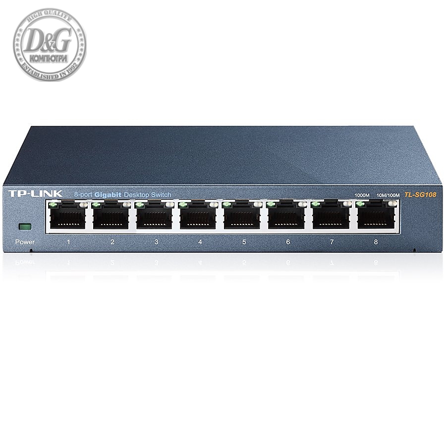 Switch TP-Link TL-SG108, 8-port Metal Gigabit Switch, 5 10/100/1000M RJ45 ports, supports GMP Snooping; IEEE 802.1p QoS; Plug and Play; metal case