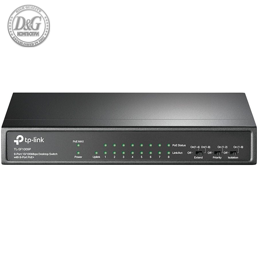 9-port 10/100Mbps unmanaged switch with 8 PoE+ ports, compliant with 802.3af/at PoE, 65W PoE budget, support 250m Extend Mode, Priority mode and Isolation mode, desktop mount, plug and play.