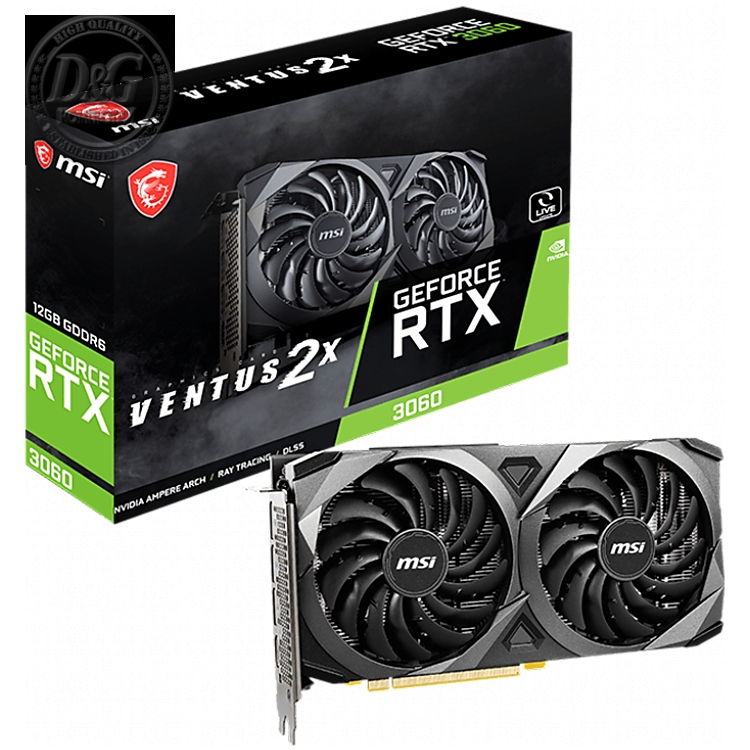MSI Video Card NVidia GeForce RTX 3060 VENTUS 2X 12G, 12GB GDDR6, 192-bit, 360 GB/s, 15 Gbps Effective Memory Clock, 1777 MHz Boost, 3584 CUDA Cores, PCIe 4.0, 3x DisplayPort 1.4a, HDMI 2.1, RAY TRACING, Dual Fan, 550W Recommended PSU, Metal Backplate, 3Y