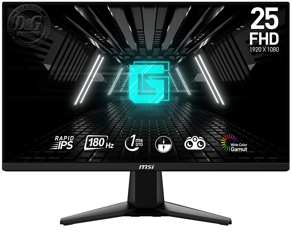 MSI G255F, 24.5", Rapid IPS, 180Hz, 1ms, 1920x1080 FHD, Anti-glare, Adaptive-sync, Night Vision, Frameless, Anti-Flicker, Less Blue Light, 300 nits, 1000:1, 100M:1, 1x Display Port (1.2a), 2x HDMI (2.0b), Headphone out, Tilt, FRAMELESS