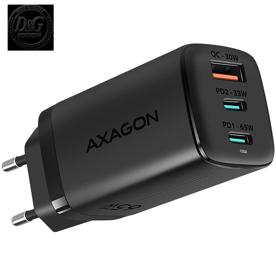 Axagon GaN wallcharger <240V / 3x port (USB + dual USB-C), PD3.0/QC4+/PPS/Apple. 65W total power.