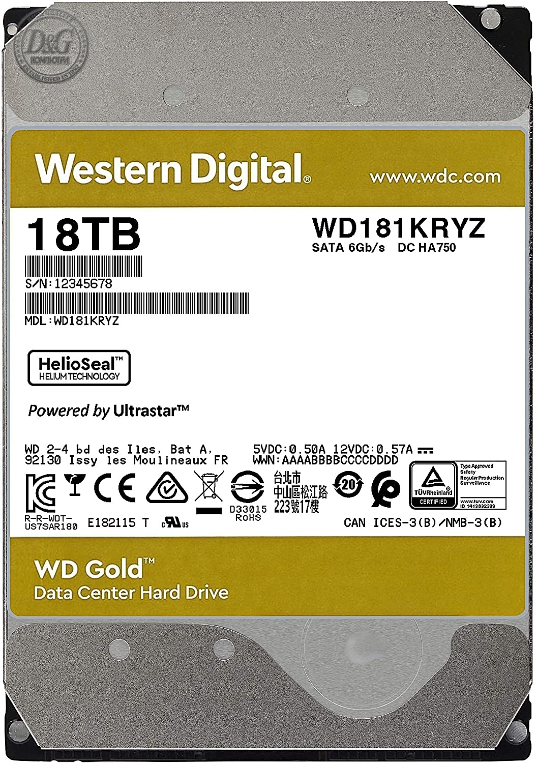 Хард диск WD Gold Enterprise, 18TB, 512MB Cache, SATA3, WD181KRYZ